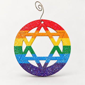 Rainbow glitter Star of David ornament with silver hook