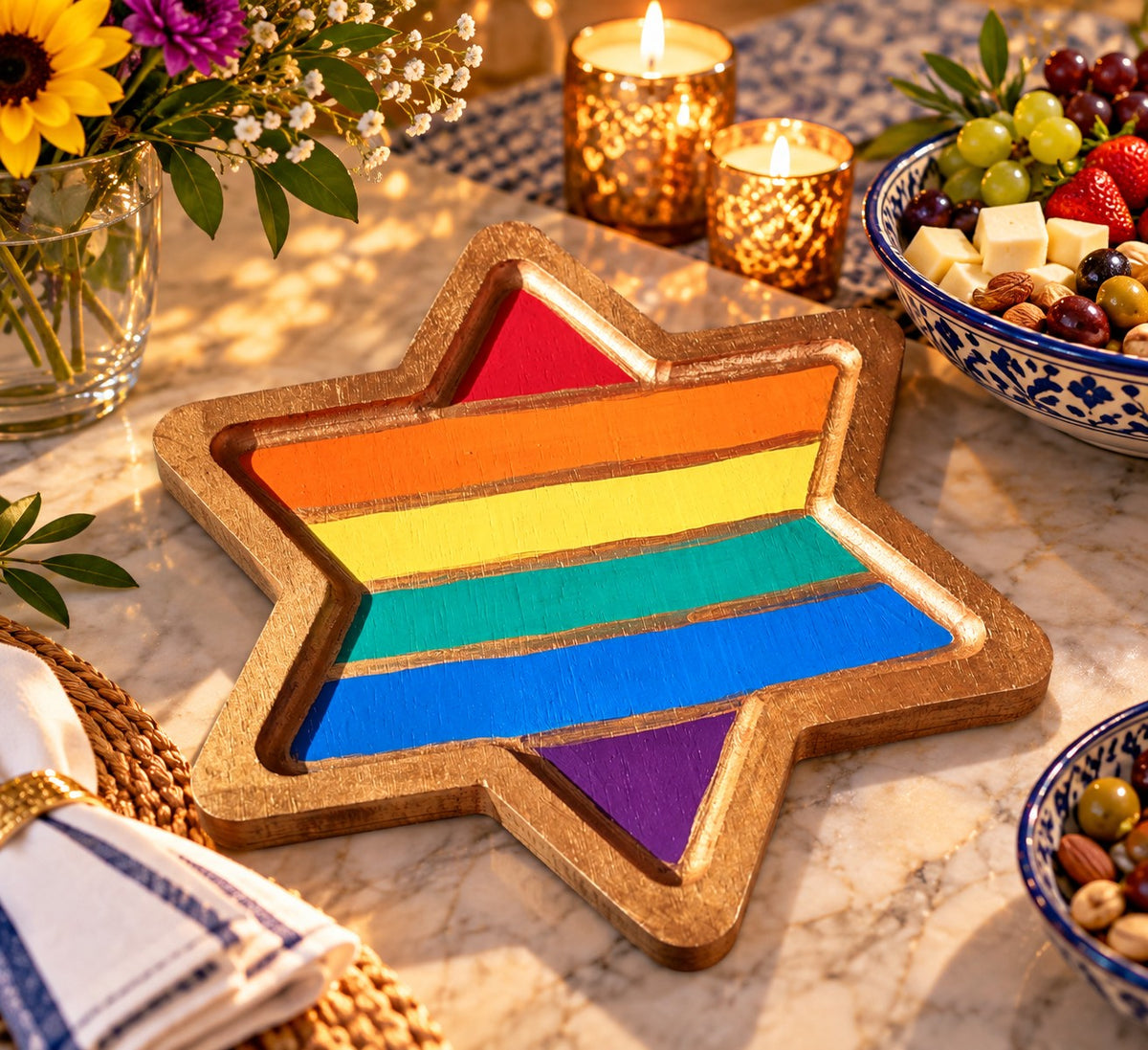 Rainbow star tray holding snacks on a festive table