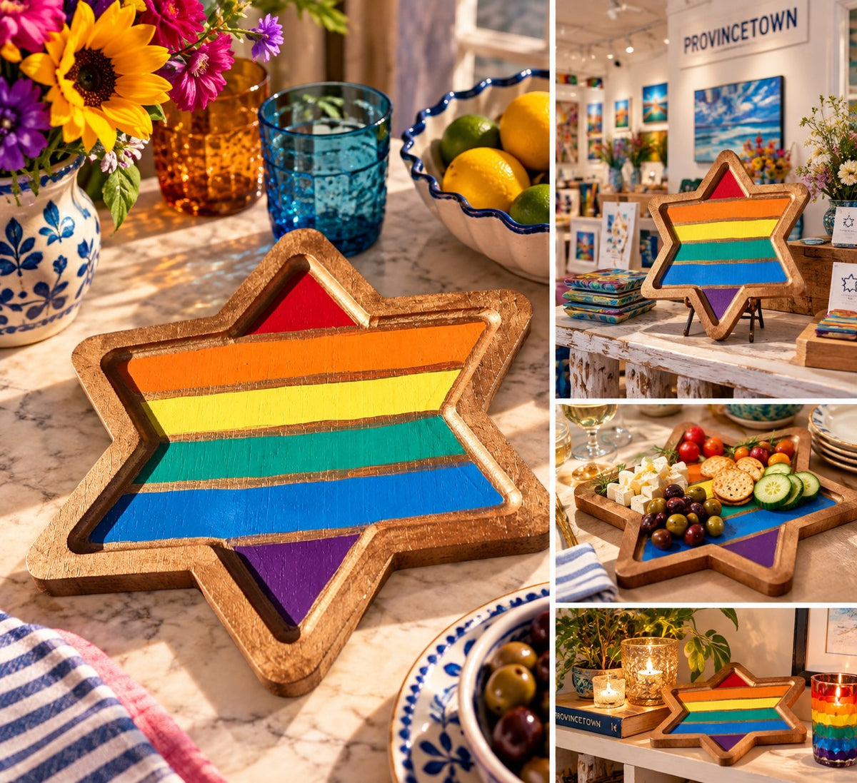 Rainbow star tray on a set table with flowers and dishes
