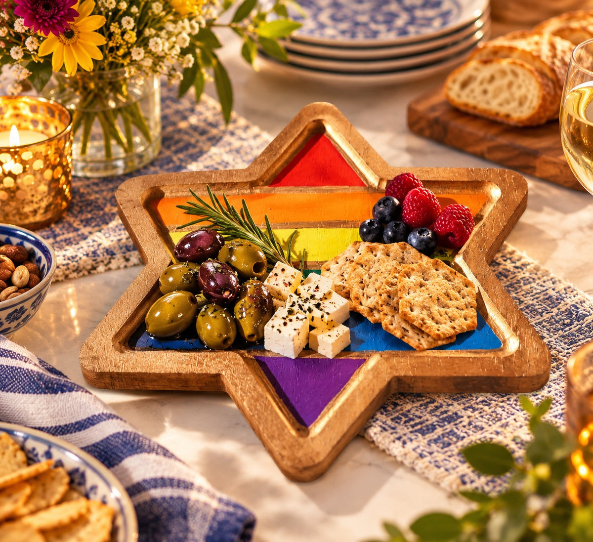 Collage of the rainbow star tray filled with cheese and crackers