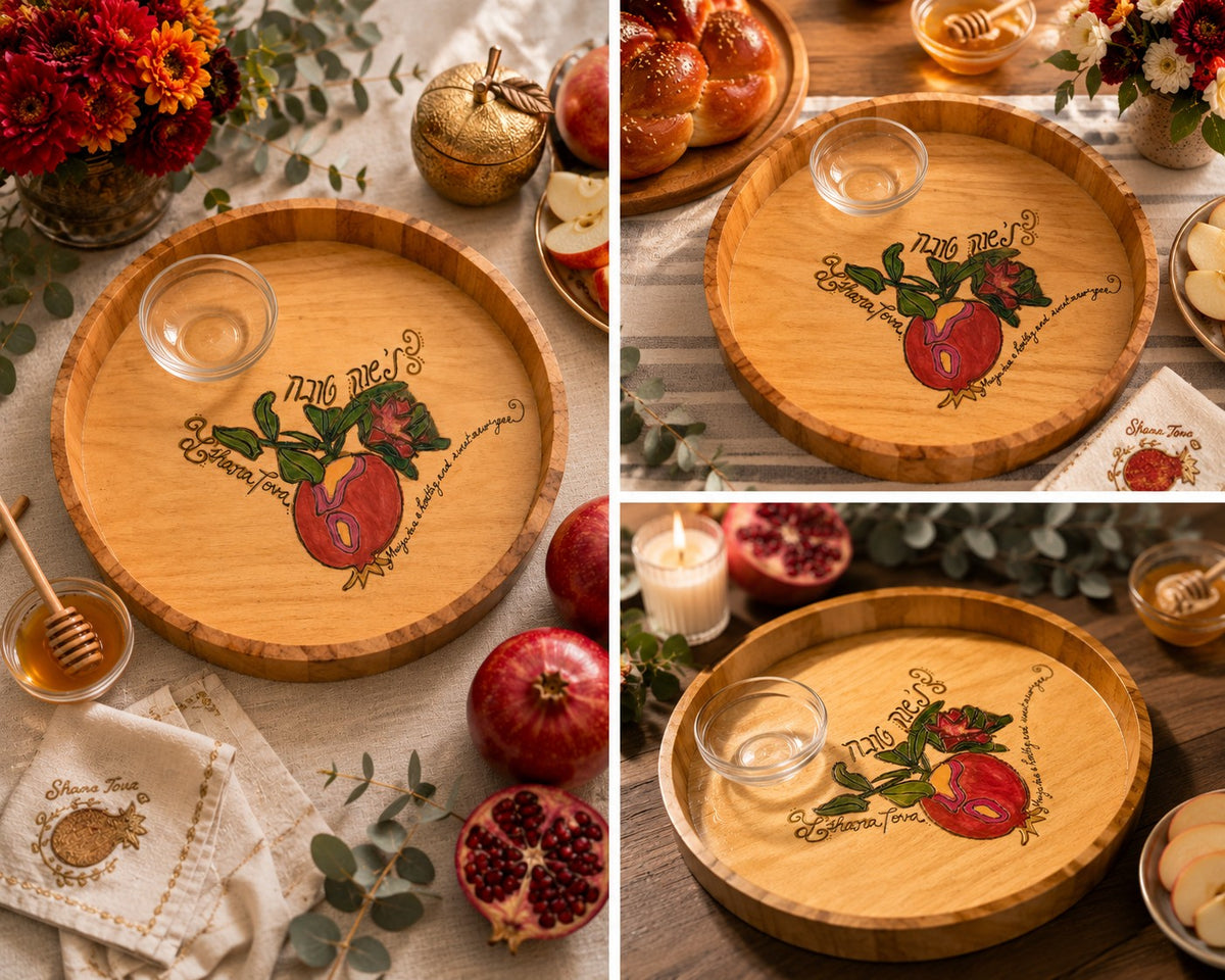 Rosh Hashanah Challah and Apple Tray, collage of the pomegranate tray