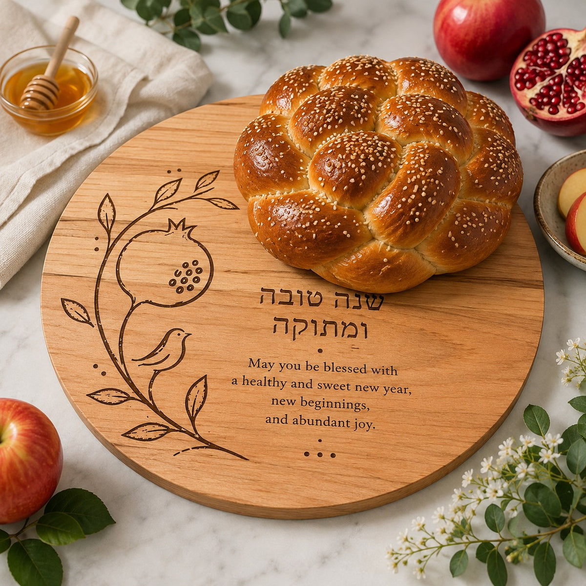 Rosh Hashanah Challah and Honey Board, Shana Tova board with round challah
