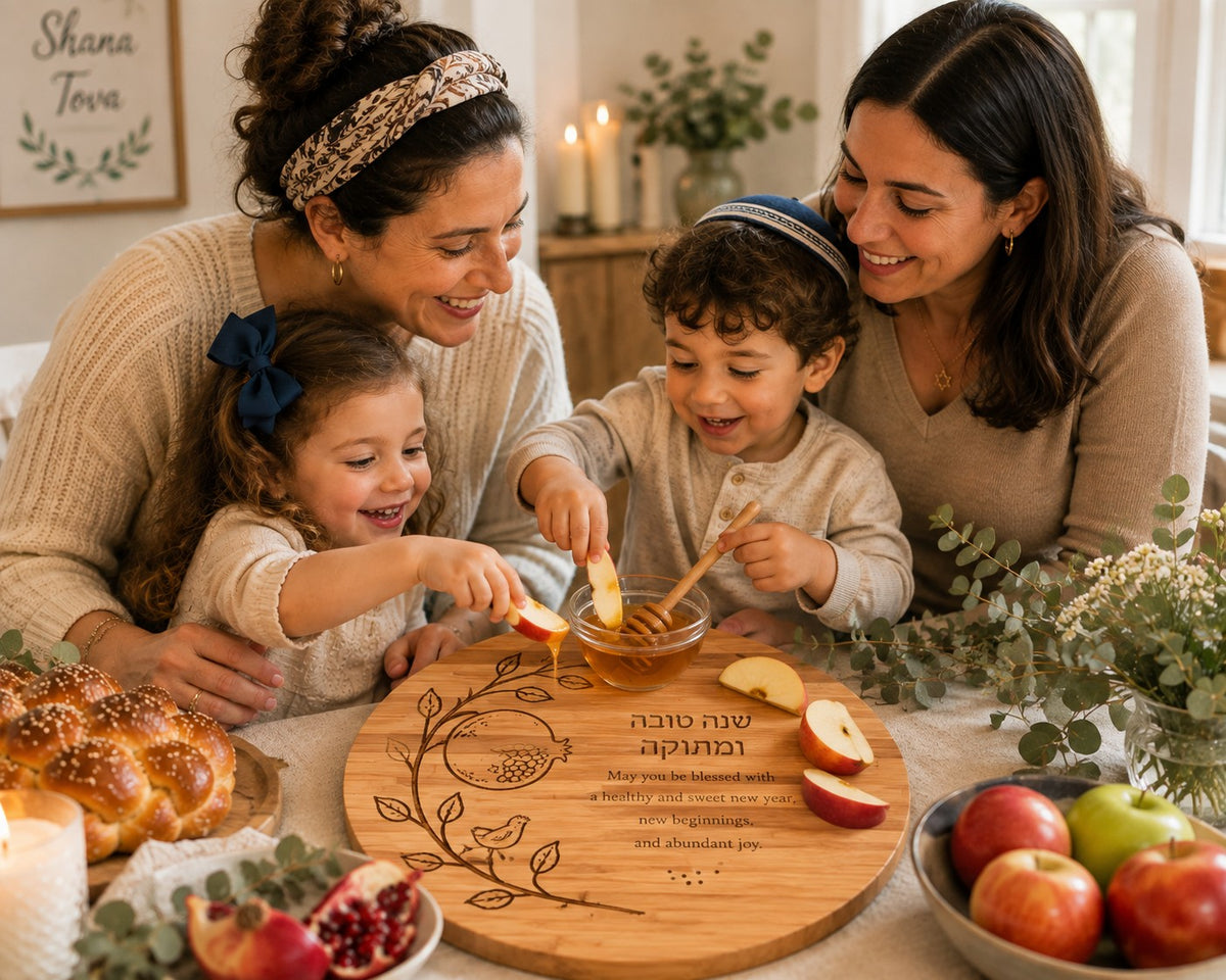 Rosh Hashanah Challah and Honey Board, family around the Shana Tova board