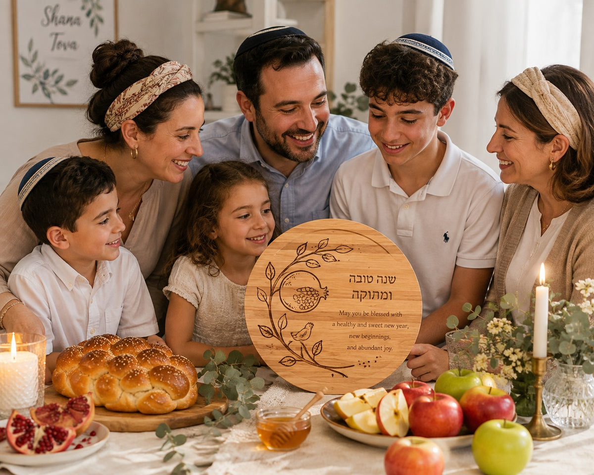 Rosh Hashanah Challah and Honey Board, family with the board at a holiday table