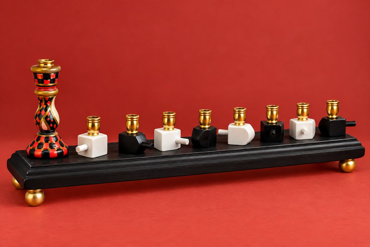 Roxie menorah on a red backdrop
