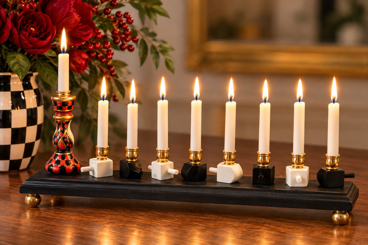 Roxie menorah with tall white candles lit