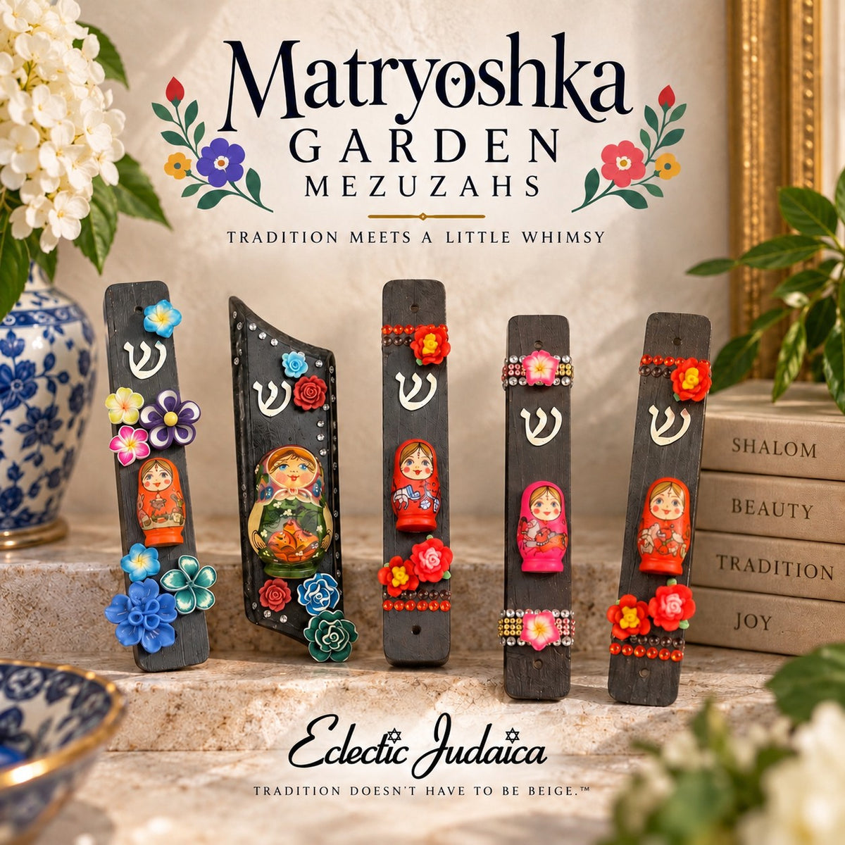 Scarlet Bloom Matryoshka Garden Mezuzah Case, Matryoshka Garden mezuzah collection graphic