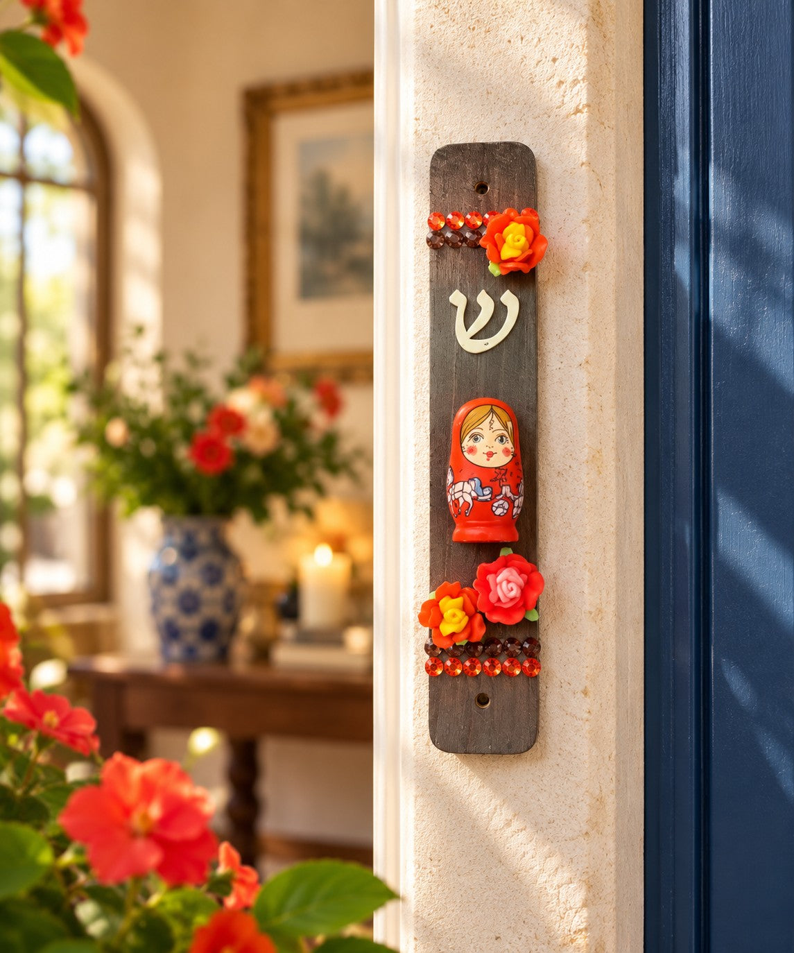 Scarlet Bloom Matryoshka Garden Mezuzah Case, red floral matryoshka mezuzah case on a doorpost