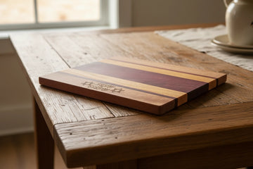 Shabbat Shalom challah board, striped exotic hardwood etched with Hebrew and Jewish stars
