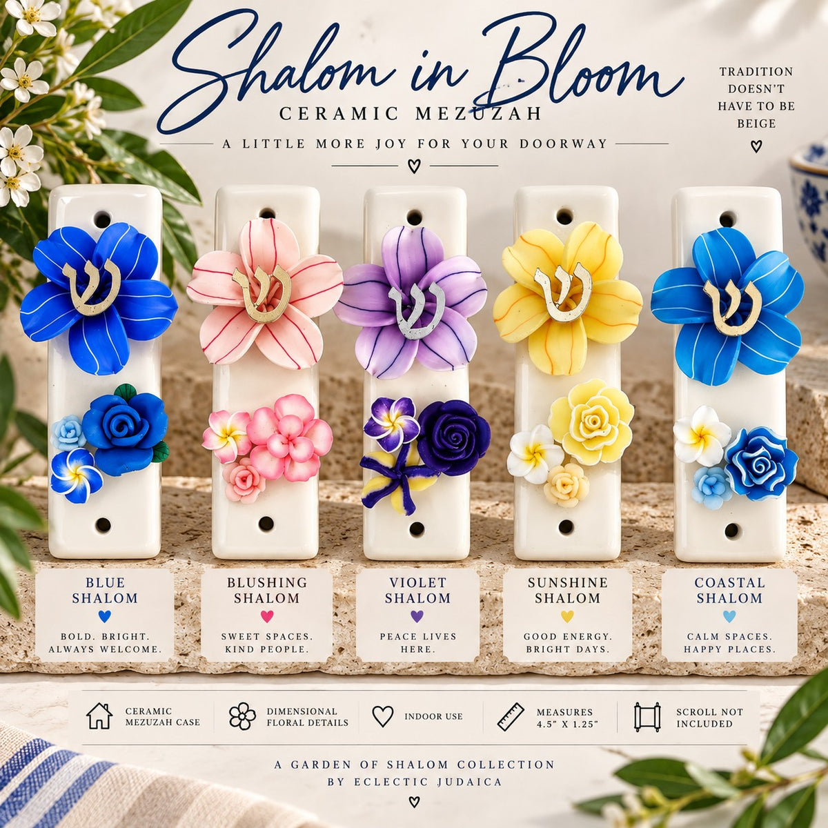Shalom in Bloom ceramic mezuzah graphic