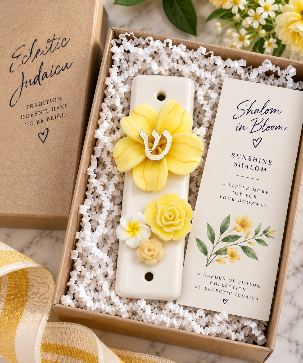 Shalom in Bloom Ceramic Mezuzah, yellow floral ceramic mezuzah in a gift box