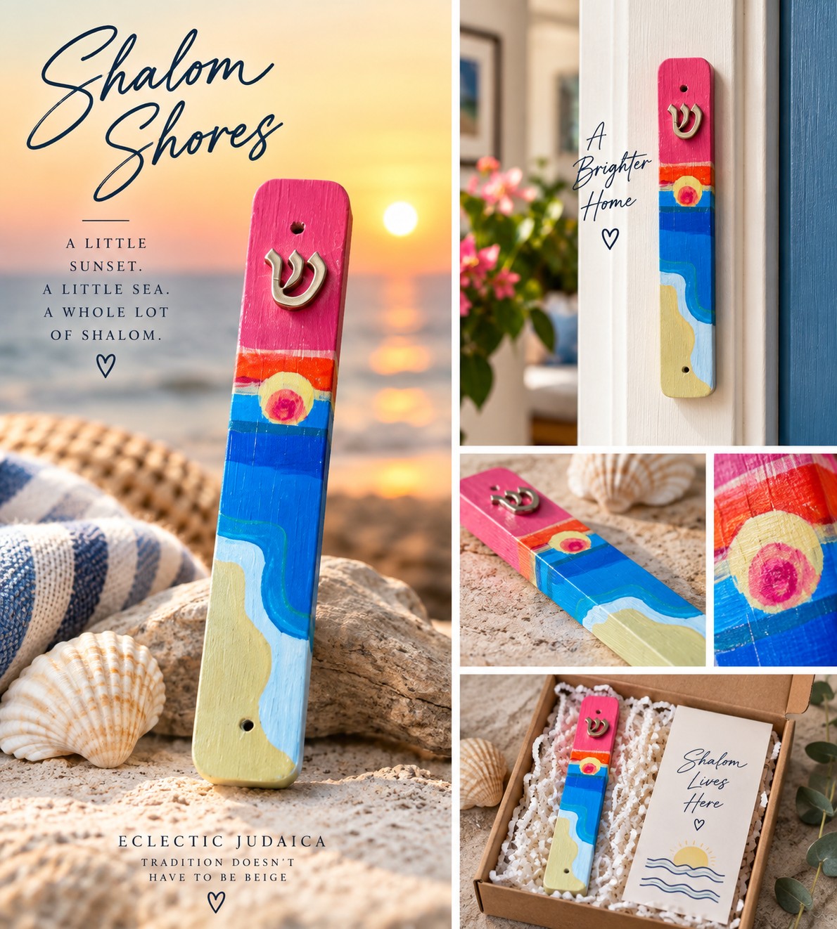 Shalom Shores mezuzah collage with title