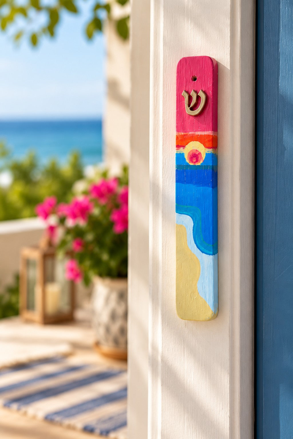 Shalom Shores mezuzah on a doorpost by the sea