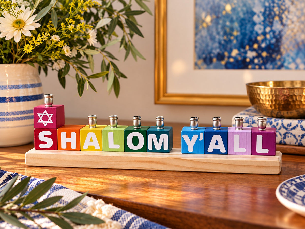 Shalom Y'all menorah on a kitchen table