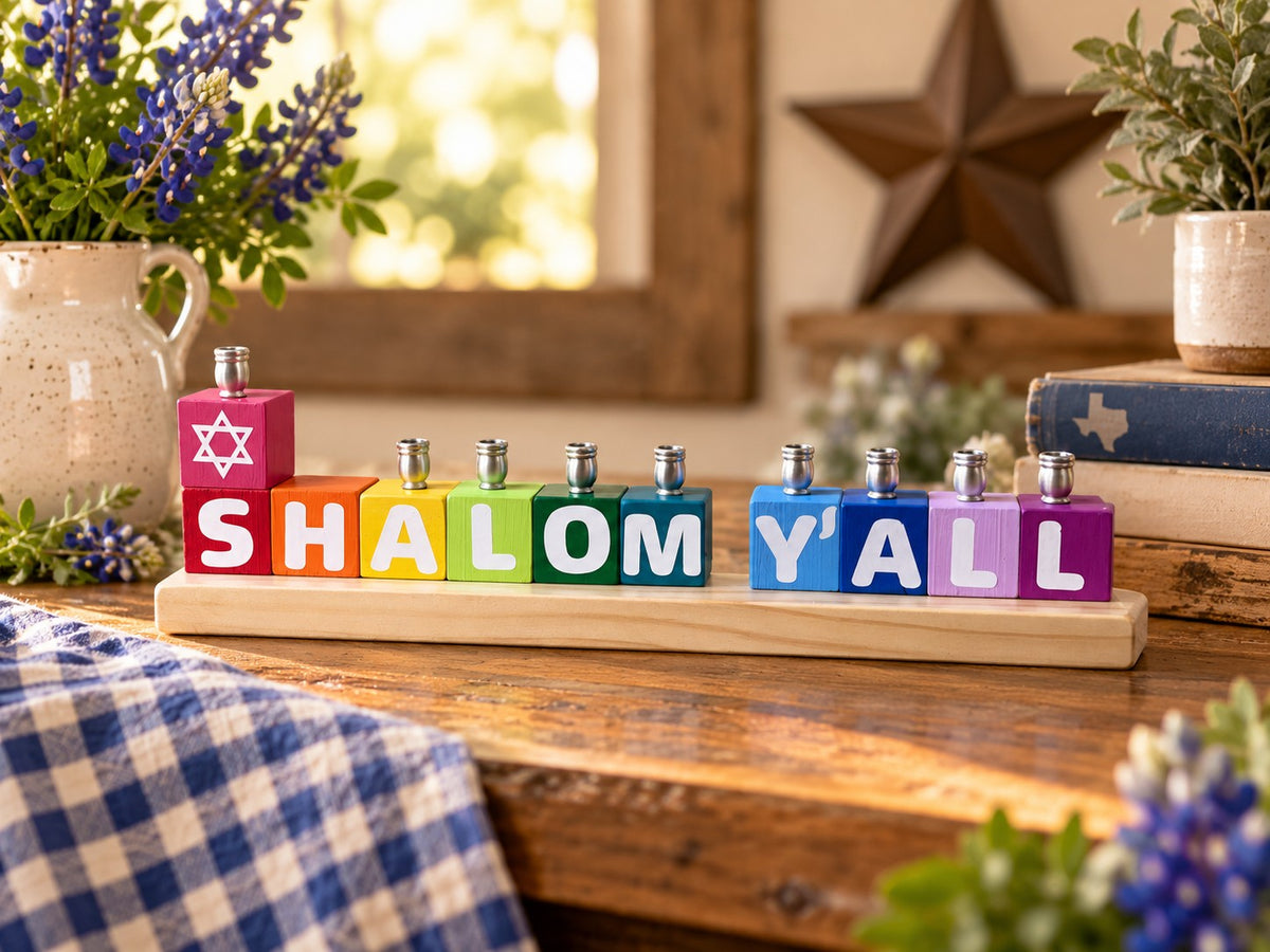 Shalom Y'all menorah with blue gingham