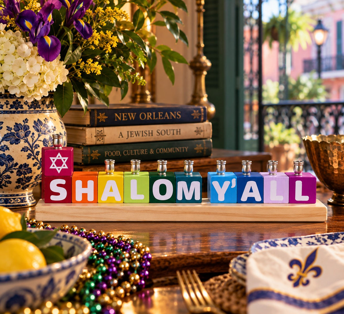 Shalom Y'all menorah with Mardi Gras beads
