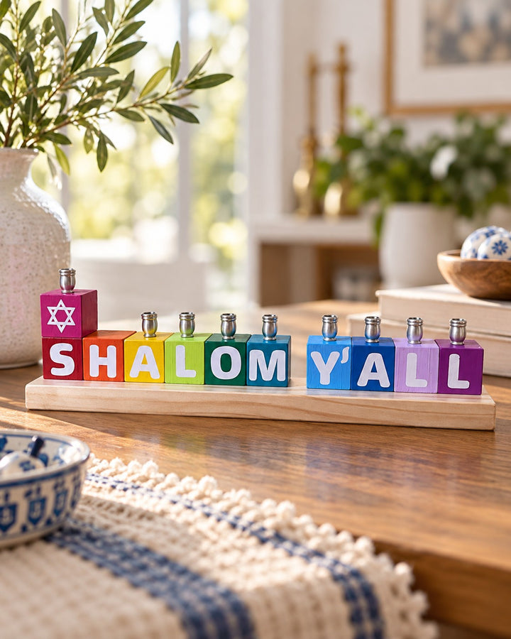 Colourful Shalom Y'all letter blocks on a wood base