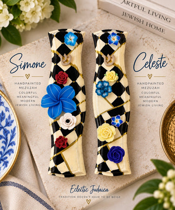 Simone and Celeste Hand-Painted Floral Mezuzah Cases, Simone and Celeste mezuzah promo with Eclectic Judaica logo