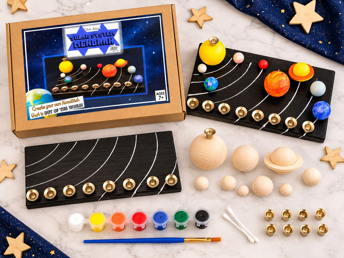Solar System Menorah Kit, kit contents: wood base, planets and paints