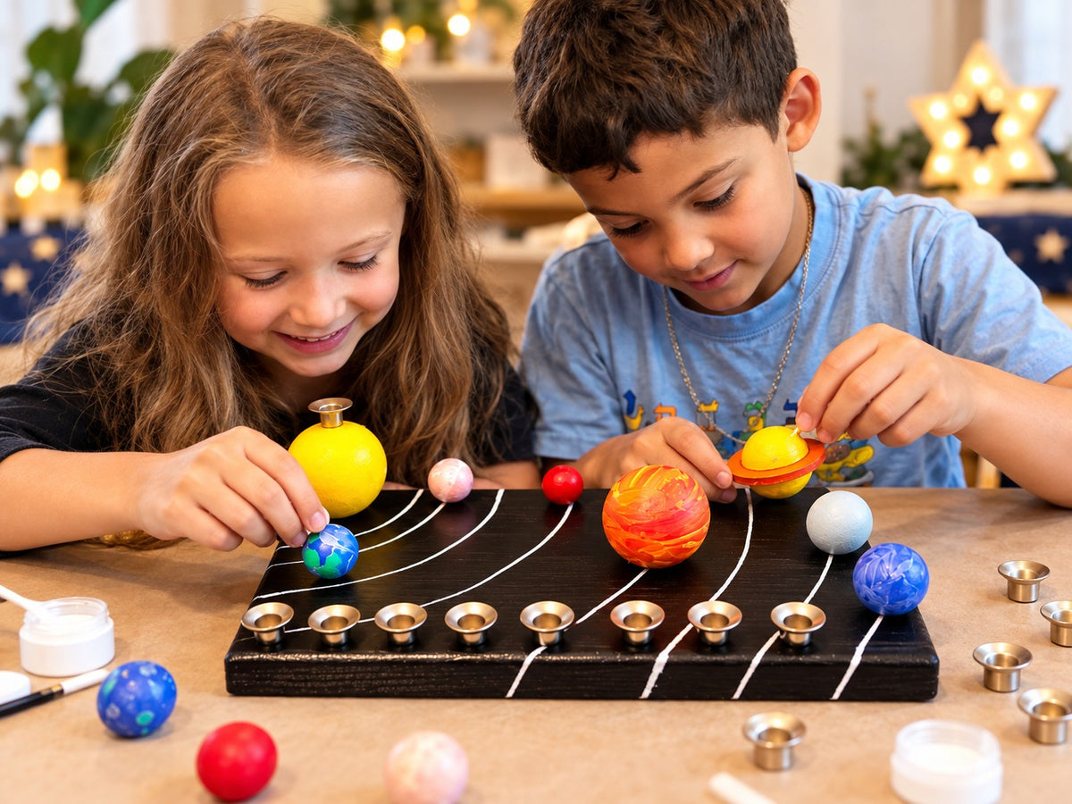 Solar System Menorah Kit, two children painting the planets