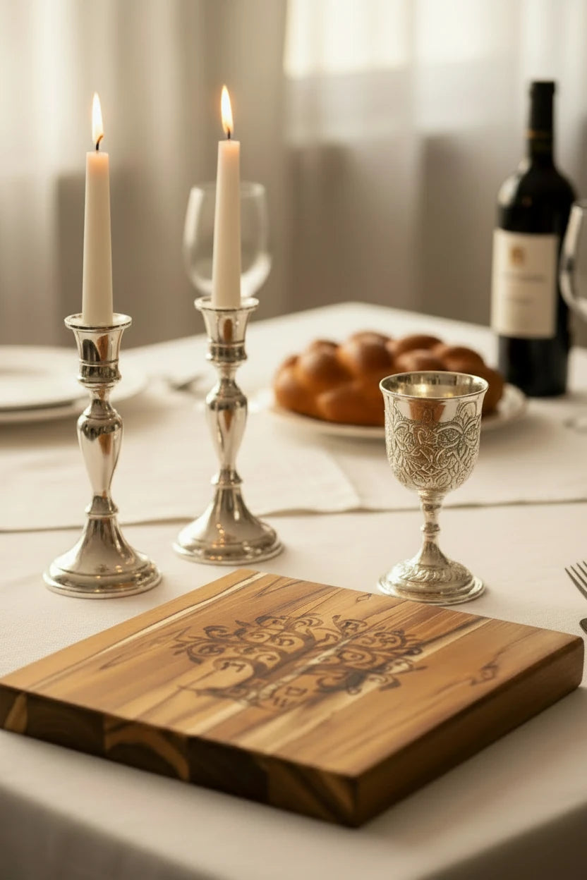 Tree of life board with challah and candlesticks