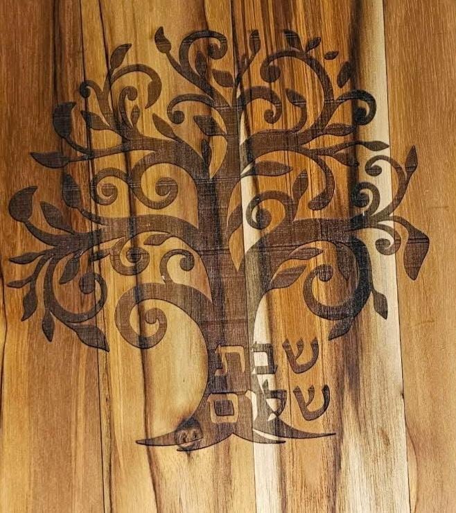 Tree of Life Teak Challah Board, close-up of the engraved tree of life