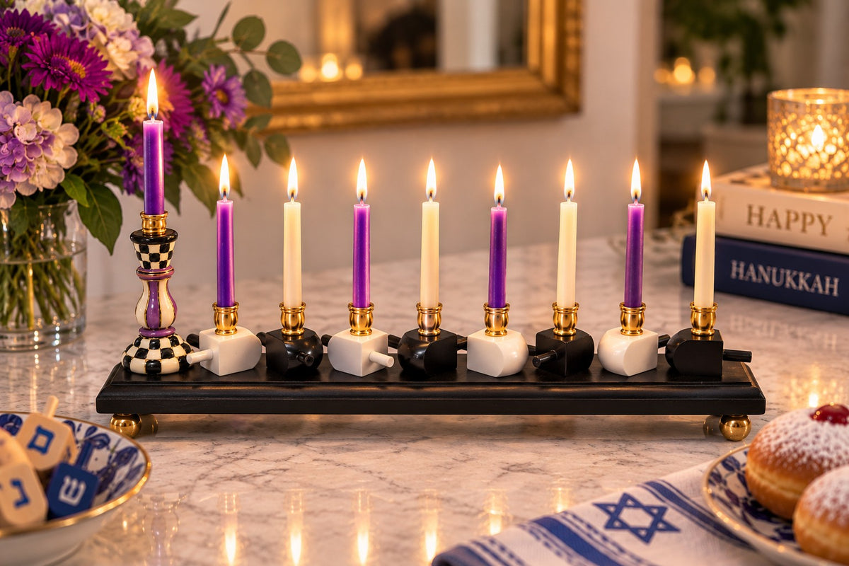 Tzipporah menorah with purple candles lit