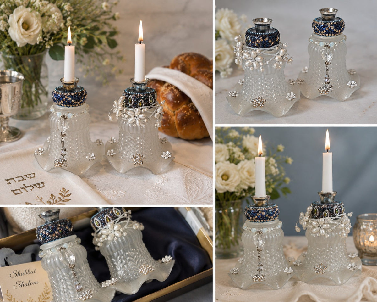 Vintage Glass Shabbat Candlesticks from Salvaged Lamp Shades, collage of the vintage glass candlesticks