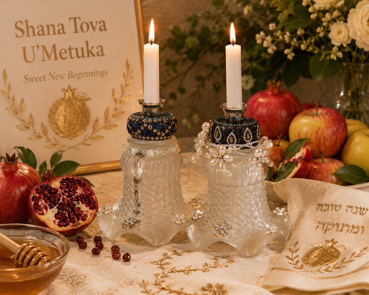 Vintage Glass Shabbat Candlesticks from Salvaged Lamp Shades, vintage glass candlesticks on a Rosh Hashanah table