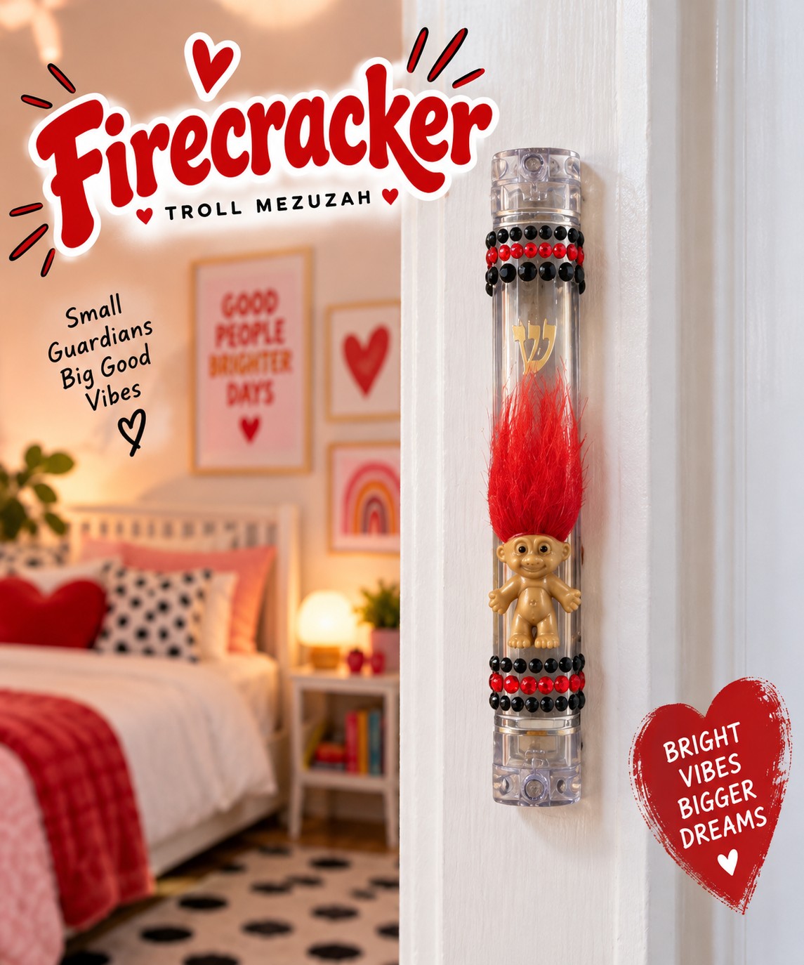 Vintage Trolls Mezuzah Case, Firecracker troll mezuzah on a doorpost