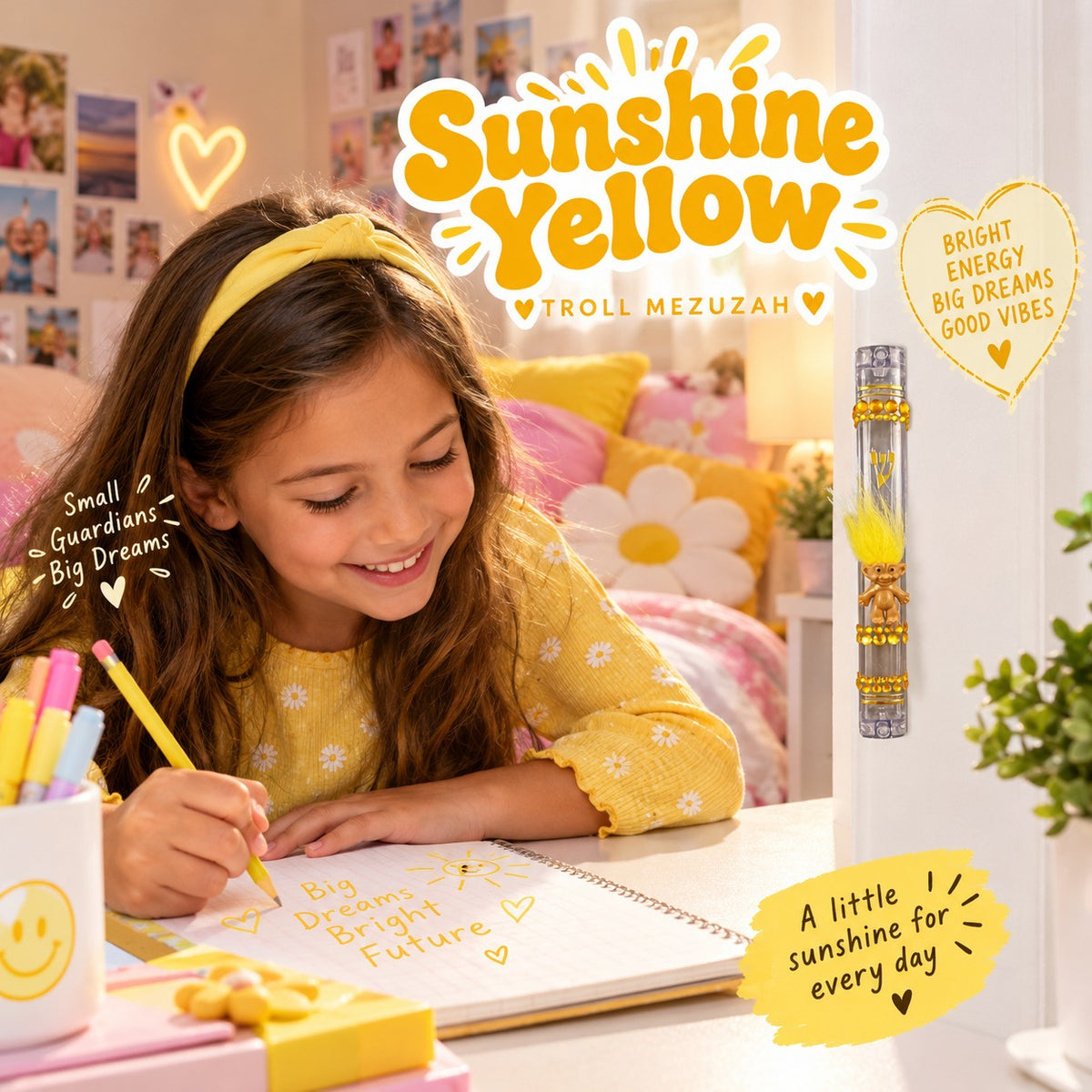 Vintage Trolls Mezuzah Case, Sunshine Yellow troll mezuzah with a girl drawing