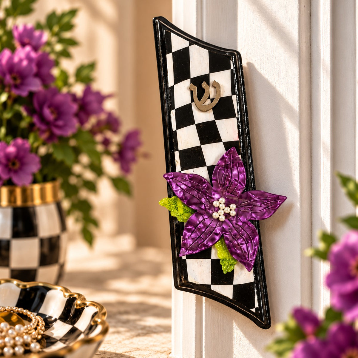 Violet Bloom mezuzah with purple flowers