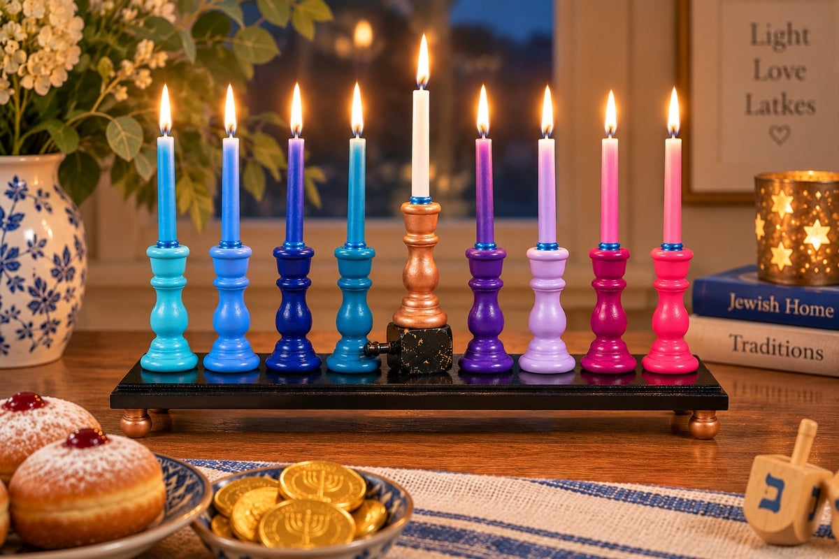 Zaphira Hand-Painted Wood Menorah, Zaphira menorah with tall candles lit
