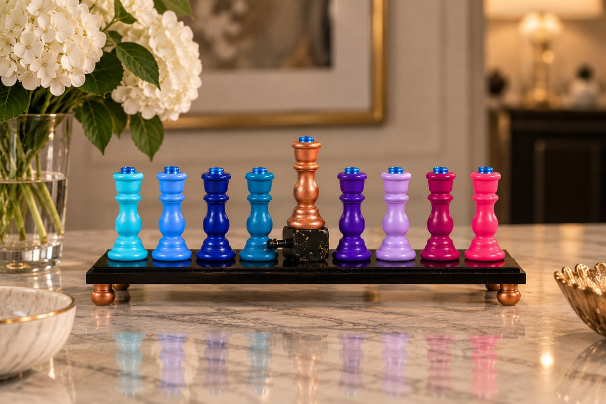 Zaphira Hand-Painted Wood Menorah, Zaphira menorah on a table with flowers