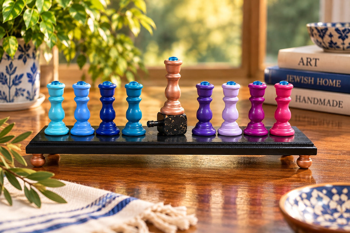 Zaphira Hand-Painted Wood Menorah, Zaphira menorah on a windowsill