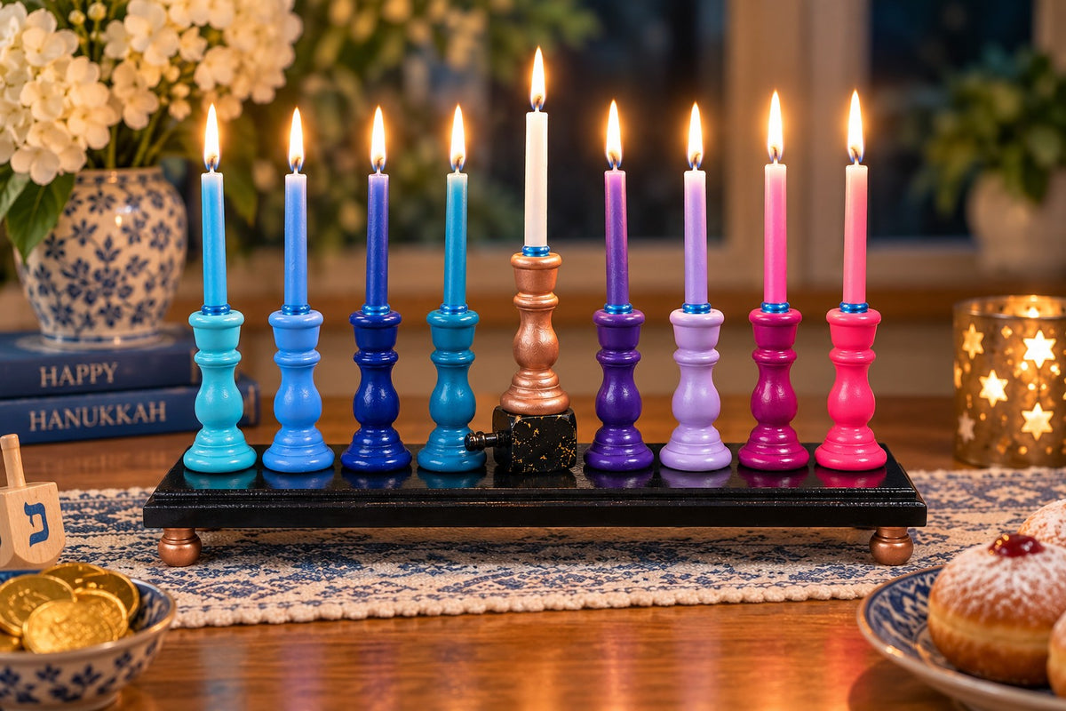 Zaphira Hand-Painted Wood Menorah, Zaphira menorah with candles lit
