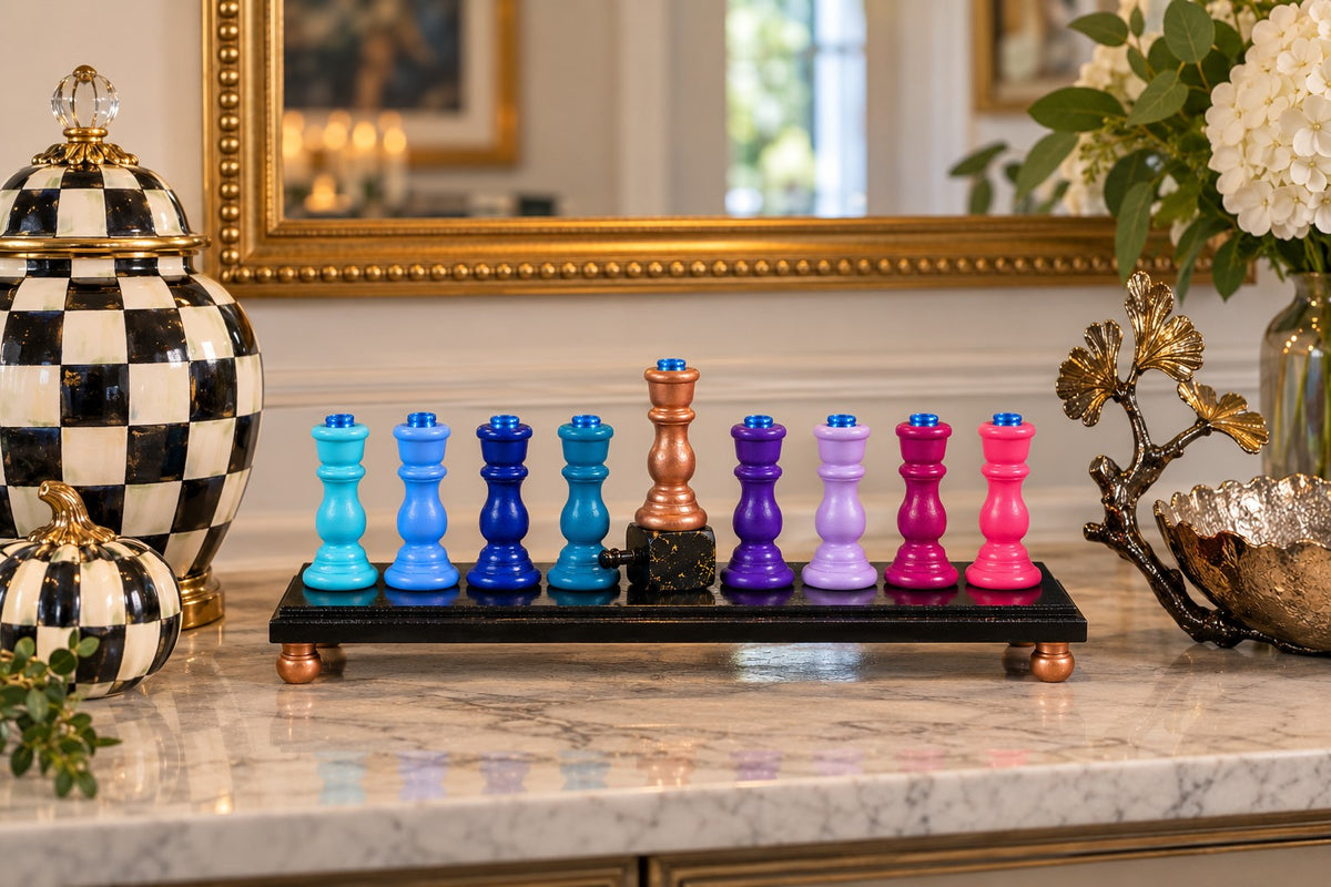 Zaphira Hand-Painted Wood Menorah, Zaphira menorah on a marble counter
