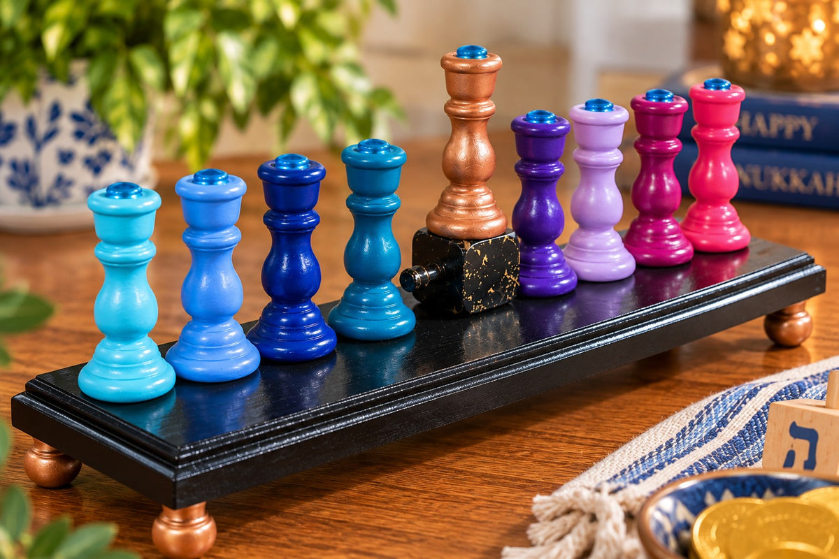 Zaphira Hand-Painted Wood Menorah, Zaphira menorah, angled view