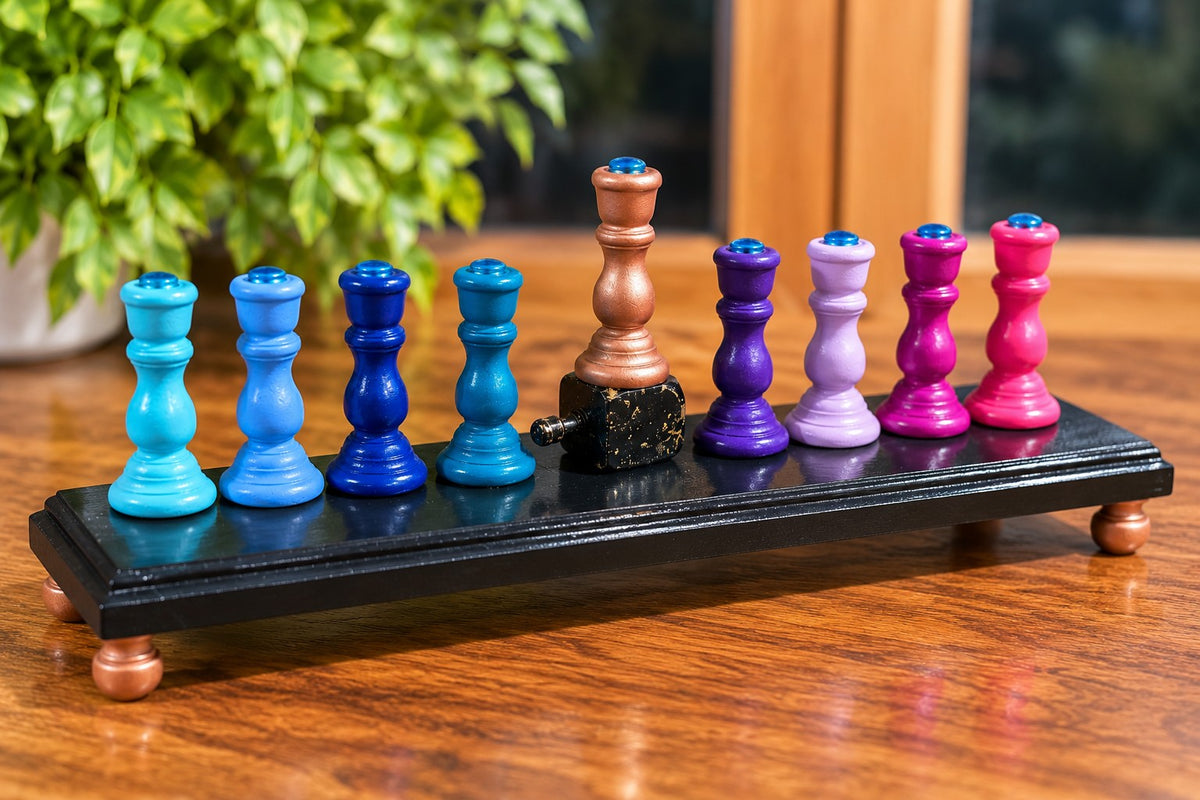 Zaphira Hand-Painted Wood Menorah, Zaphira menorah by a window