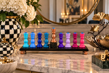 Zaphira Hand-Painted Wood Menorah, jewel tone and rose gold wood menorah
