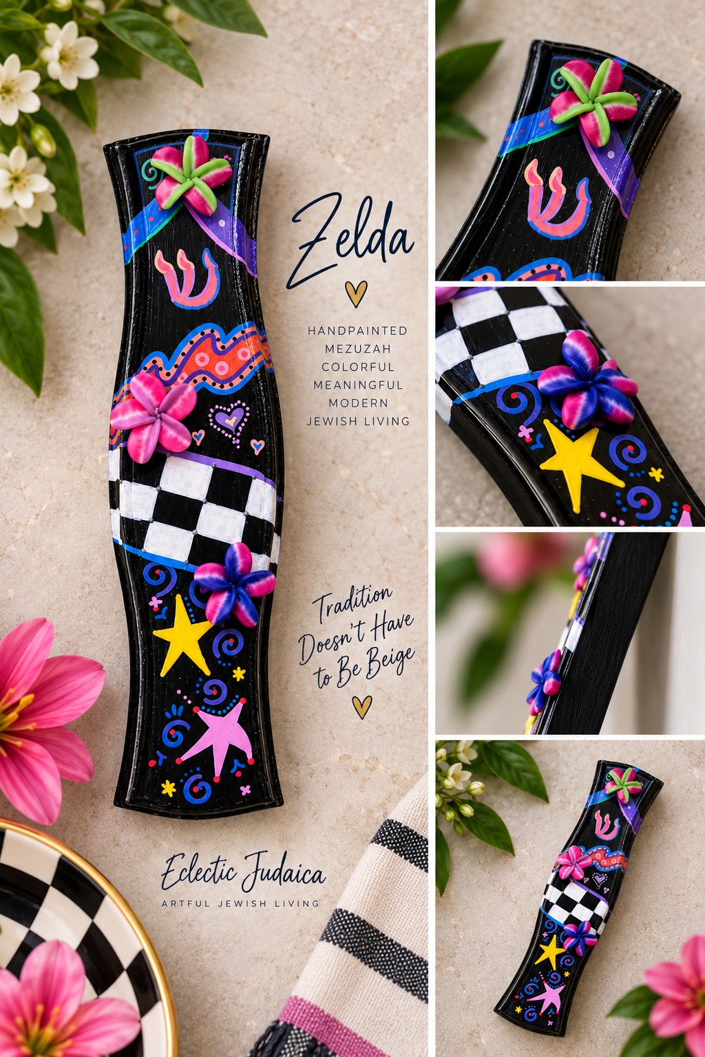 Zelda Hand-Painted Mezuzah Case, Zelda mezuzah collage with Eclectic Judaica
