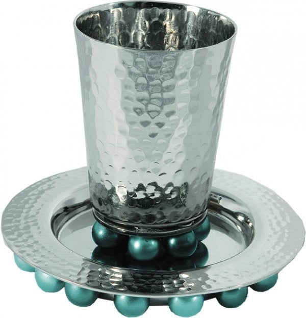 Kiddush Cup and Plate with Beads Silver/Turquoise (EM-CUA3)