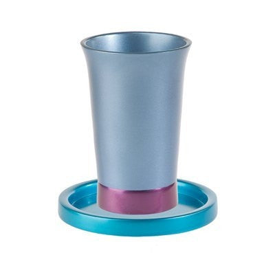 Anodized Aluminum Kiddush Cup and Saucer Blue / Maroon (EM-GM2)