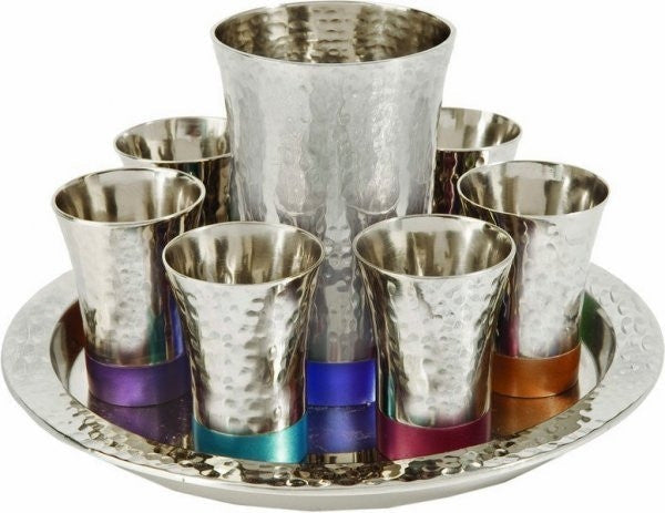 Nickel Kiddush Set - Cup + 6 Cups + Tray - Hammer work Silver/ Multicolor