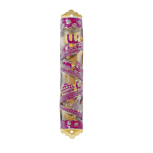 Laser Cut Hand Painted Mezuzah Large Train Maroon (EM-MZC4M)