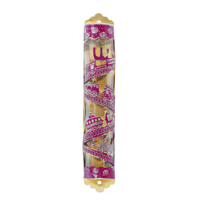 Laser Cut Hand Painted Mezuzah Large Train Maroon (EM-MZC4M)