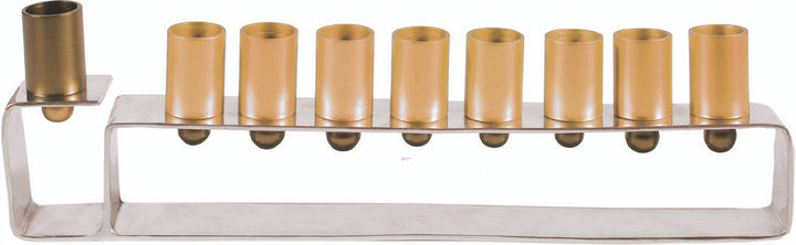 Emanuel aluminum frame menorah with gold-tone cups on a low open silver rectangle and a raised end shamash