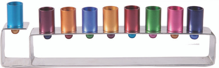Emanuel aluminum frame menorah with multicolor anodized cups on a low open silver rectangle