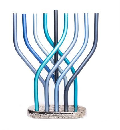 Emanuel Flame menorah, nine blue aluminum tubes twisting and crossing above an oval hammered base