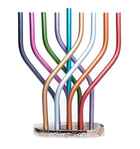 Emanuel Flame menorah, nine multicolor aluminum tubes twisting and crossing above an oval hammered base